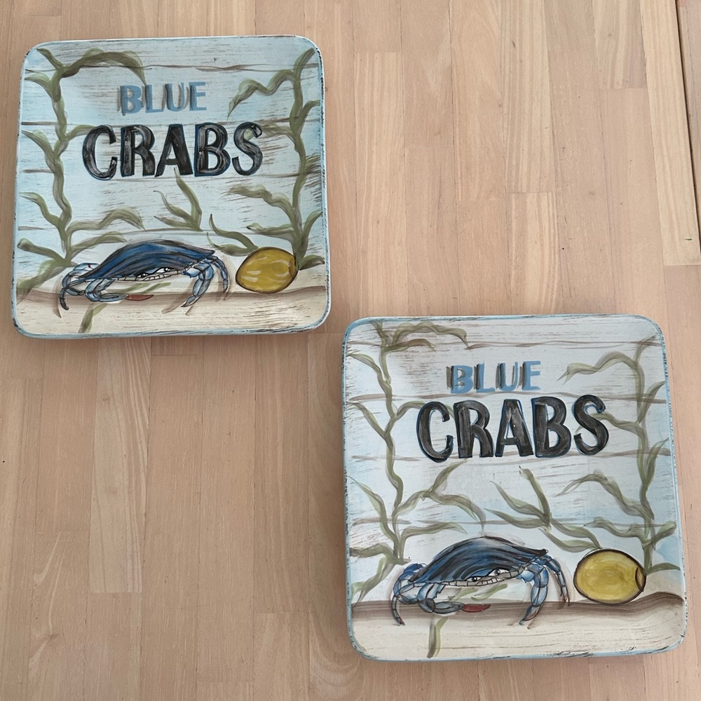 Kate McRostie Two Blue Crabs Fisherman's Catch 9 Inch Buffet Plates - Rare